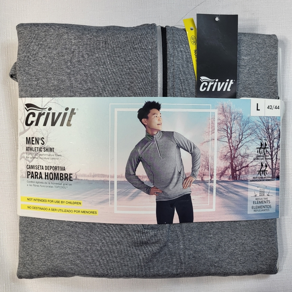 Crivit Gray Athletic SHIRT Mens Size L 42/44 Pullover Long Sleeve 1/4 Zip NIP